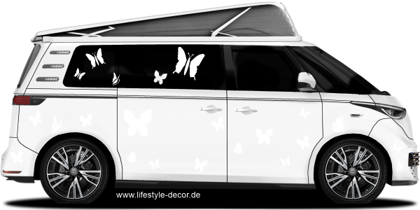 Preview: Autoaufkleber Traumhafte Schmetterlinge Preview: Autoaufkleber Traumhafte Schmetterlinge auf hellem Camper VW Buzz - Ansicht Farbauswahl