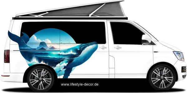 Autoaufkleber Wal mit Ozean und Insel auf hellem Van