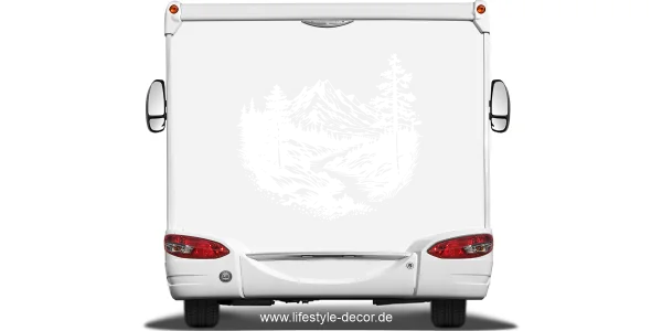 Autoaufkleber Wildbach in den Alpen auf Heck von hellem Reisemobil - Ansicht Farbauswahl