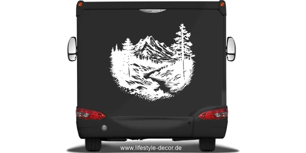 Autoaufkleber Wildbach in den Alpen auf Heck von dunklem Reisemobil - Ansicht Farbauswahl