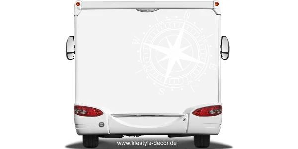 Autoaufkleber Windrose auf Heck von Wohnmobil oder Wohnwagen - Ansicht Farbauswahl