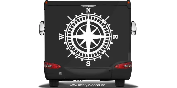 Autoaufkleber Windrose auf Heck von Wohnmobil oder Wohnwagen - Ansicht Farbauswahl