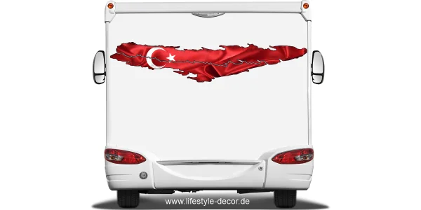 Türkische Flagge als Autoaufkleber auf dem Heck von Wohnmobil oder Wohnwagen