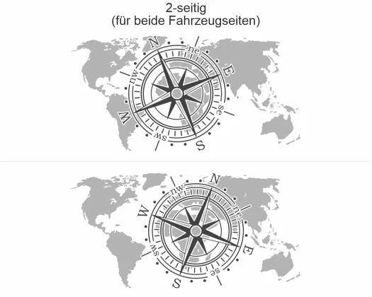 Autosticker Windrose mit Weltkarte - Ansicht zweiseitig für beide Fahrzeugseiten
