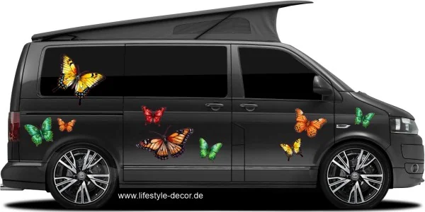 Autoaufkleber Bunte Schmetterlinge XXL Set auf dunklem Van