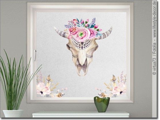 Preview: Bedruckte Milchglasfolie Blumenschädel