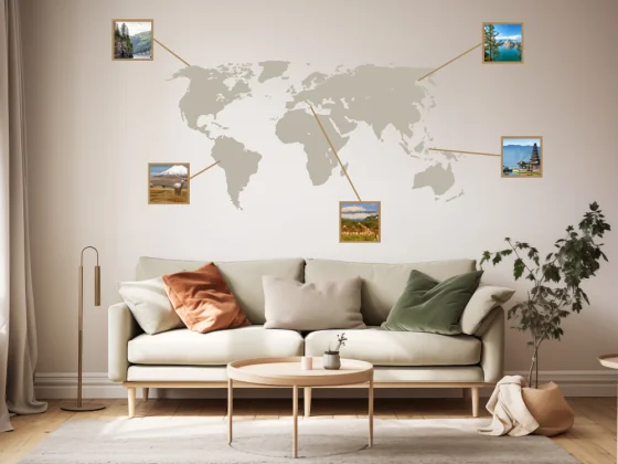 buntes Wandtattoo mit Weltkarte und Bilderrahmen
