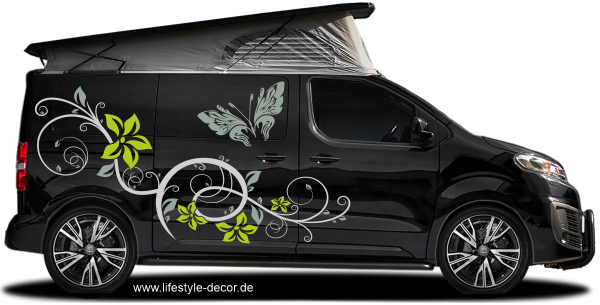 Preview: Bunter Aufkleber Ornament Styling Falter auf dunklem Campervan