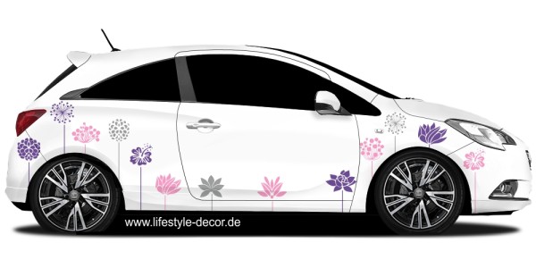 Preview: Bunter Autoaufkleber Blumenschuck auf hellem PKW