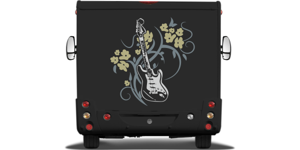 Preview: Bunter-Autoaufkleber-Rock-Love-Gitarre auf Heck von dunklem Wohnmobil oder Wohnwagen