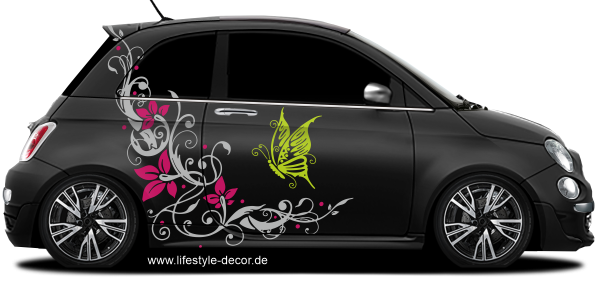 Preview: Bunter Autoaufkleber Traumornament Schmetterling auf dunklem PKW