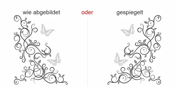 buntes Wandtattoo mit Blätterornament und Schmetterlingen - Ansicht Ausrichtung