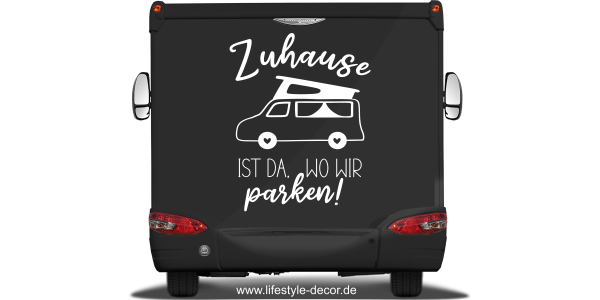 Preview: Camperaufkleber Zuhause ist auf dunklem Heck - Ansicht Farbauswahl