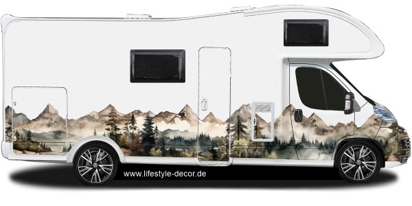 Preview: Camperdekor Aquarell Berglandschaft auf weißem Wohnmobil