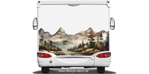 Preview: Camperdekor Aquarell Berglandschaft auf einem Wohnwagenheck