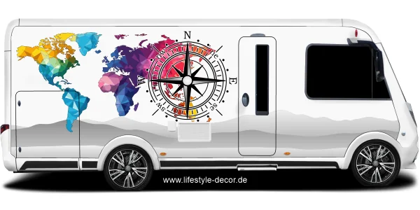 Campingdekor farbige Weltkarte mit Kompassrose