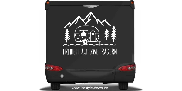 Caravandekor Freiheit auf zwei Rädern auf dunklem Heck - Ansicht Farbauswahl