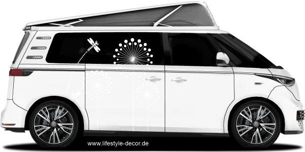 Modernes Pusteblumendesign als Autoaufkleber auf hellem Camper - Ansicht Farbauswahl
