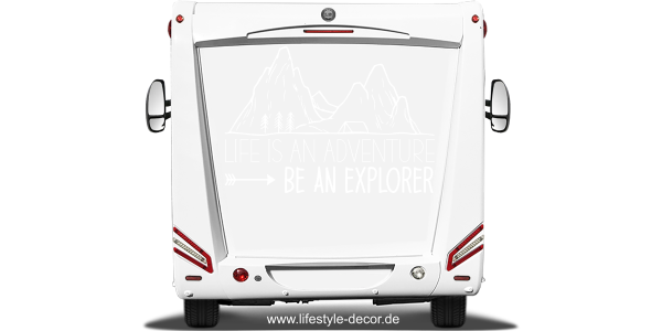 Preview: Reisemobildekor Life is an Advanture Preview: Reisemobildekor Life is an Advanture auf hellem Reisemobilheck- Ansicht Farbauswahl