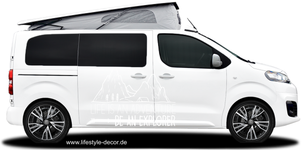 Preview: Reisemobildekor Life is an Advanture Preview: Reisemobildekor Life is an Advanture auf hellem Camper - Ansicht Farbauswahl