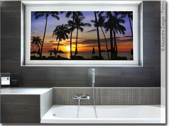 Digitaldruck für Glas mit Sonnenuntergang am Palmenstrand