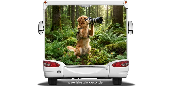 Eigenes Hundefoto als selbstklebende Autofolie auf Heck von hellem Wohnmobil