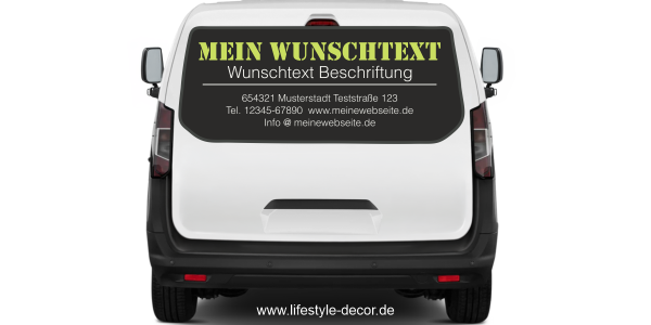 Fahrzeugbeschriftung Adressblock | 15a auf Heck von Transporter