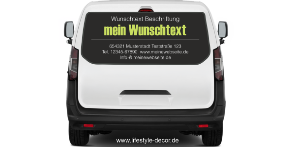 Fahrzeugbeschriftung Adressblock | 28a auf Heck von Transporter