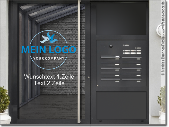 Preview: Glastattoo Farbiges Logo mit Wunschtext auf Eingangstür - Ansicht Farbauswahl