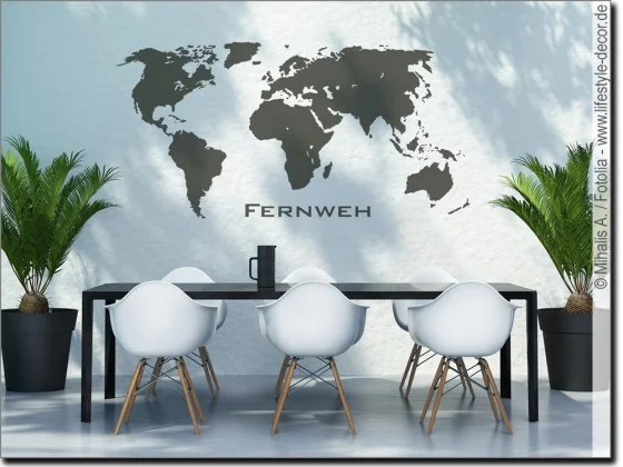 Fassaden- und Außenwandaufkleber mit Weltkarte und dem Wort Fernweh