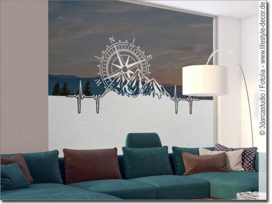 Preview: Fensterfolie Windrose mit Bergen