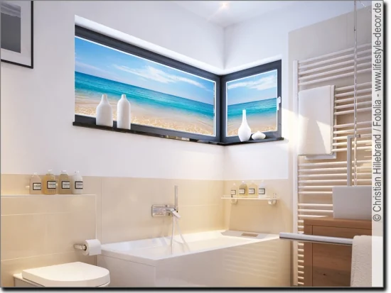 Fotodruck auf Glasfolie mit Strand für das Badezimmer als Sichtschutz