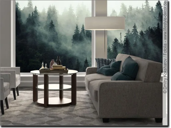 Fotofolie als Sichtschutz für das Wohnzimmer mit Tannen im Nebel