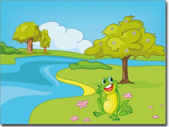 Glasbild mit jugendlichem Frosch am Teich