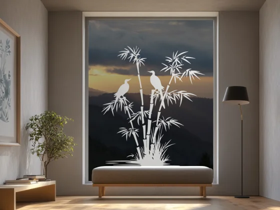 Glastattoo Bambus und Vögel am Seeufer