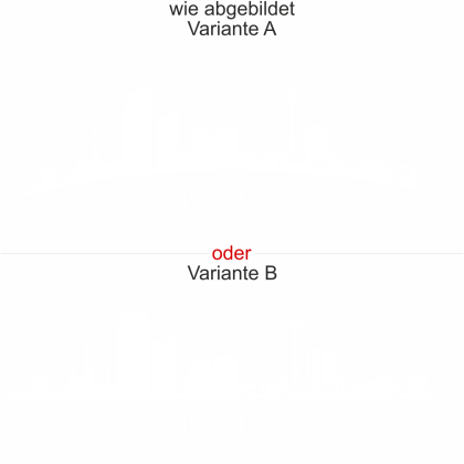 Preview: Milchglasfolie mit Essener Skyline als konturgeschnittener Aufkleber - Ansicht Ausrichtung mit Farbauswahl und Variante -