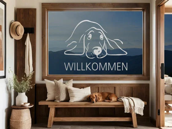 Fenstertattoo Willkommen mit Hund