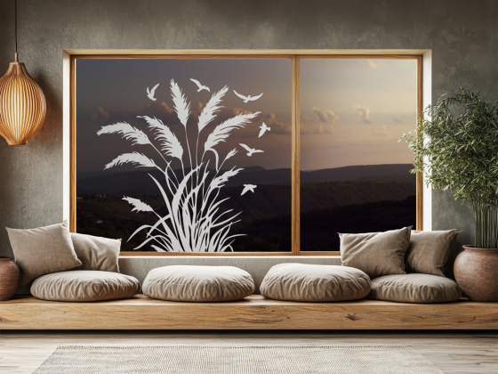 Preview: Glastattoo Pampasgras und Vögel im Wind