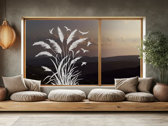 Glastattoo Pampasgras und Vögel im Wind