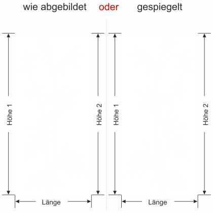Preview: Glastür Milchglasfolie Bambuszweige - Ansicht Ausrichtung mit Farbauswahl und Anleitung zur Größenberechnung - Vorschlag 2