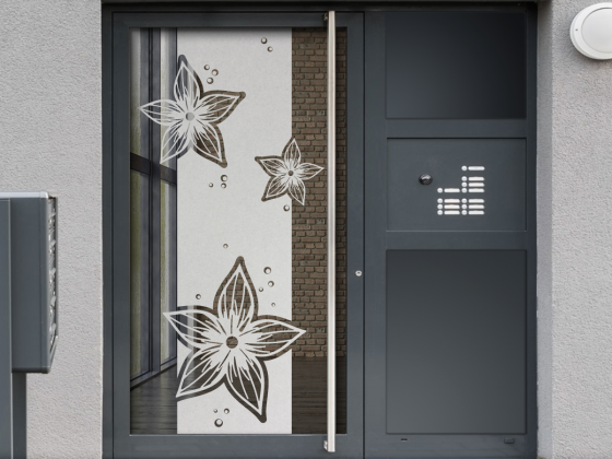 Preview: Glastür Milchglasfolie Fleurs - Ansicht Ausrichtung und Farbauswahl