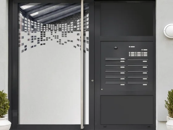 Glastür Milchglasfolie Modernes Design aus Quadraten auf Haustür