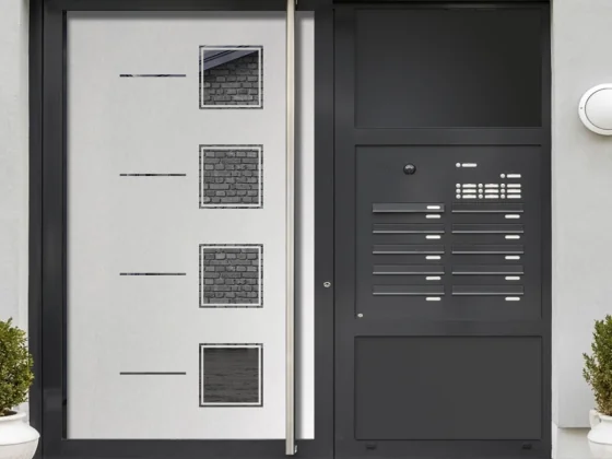 Glastür Milchglasfolie Quadratdesign auf Haustür