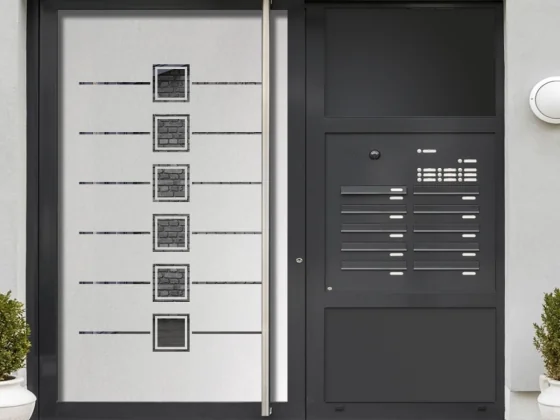 Glastür Milchglasfolie Quadratmuster auf Haustür
