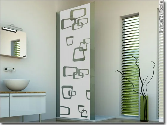 Glastür Milchglasfolie Retrodekor auf Duschwand