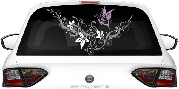 Preview: Bunter Autoaufkleber Traumornament Schmetterling auf Heck von PKW