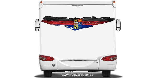 Autoaufkleber mit der Flagge von Ostfriesland auf dem Heck von Wohnmobil oder Wohnwagen