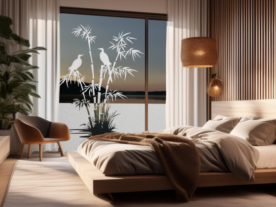 Preview: Milchglasfolie Bambus und Vögel am Seeufer