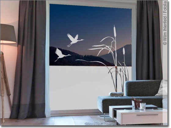 Preview: Milchglasfolie Schilfrohr und Störche