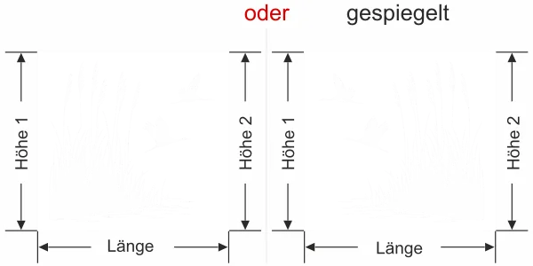 Milchglasfolie Ufergräser und Störche - Ansicht Ausrichtung mit Farbauswahl und Anleitung zur Größenberechnung - Vorschlag 2